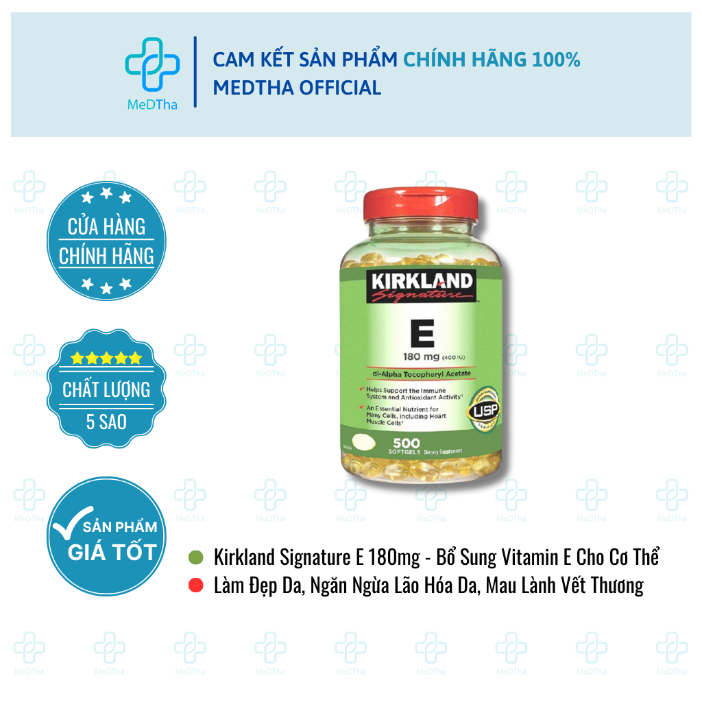 Vitamin E Kirkland 180mg - Bổ Sung Vitamin E Cho Cơ Thể, Làm Đẹp Da, Chống Lão Hóa - Lọ 500V