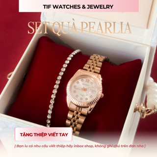   Quà Tặng Giáng Sinh  Bộ Trang Sức Đính Đá Cao Cấp PEARLIA Tif Watches Đồng Hồ Vòng Tay Phụ Kiện Nữ 