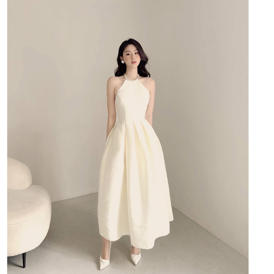  Váy tiểu thư váy cổ yếm ll váy nữ dự tiệc váy dáng dài cổ đính đá cao cấp hàng loại 1 chất đẹp shop HN DESIGN 