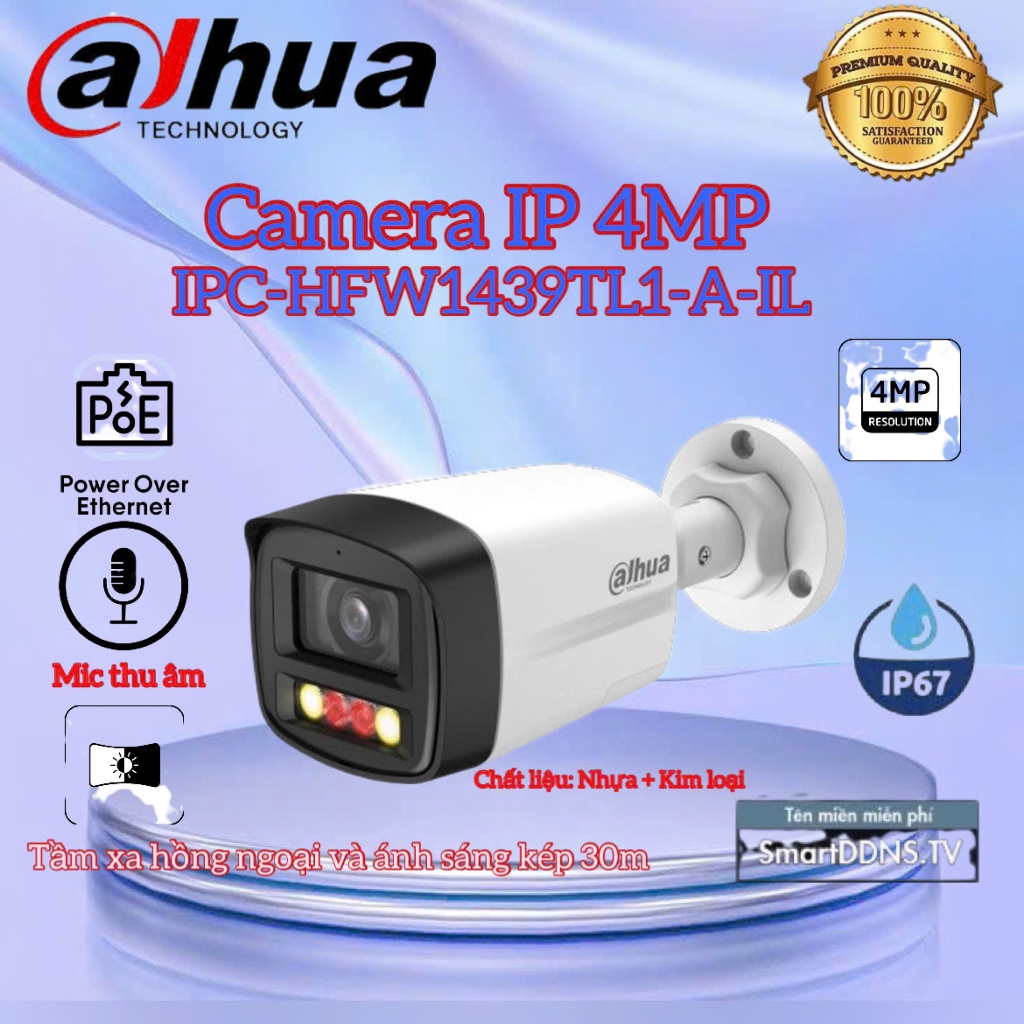 Camera IP 4MP DAHUA DH-IPC-HFW1439TL1-A-IL- Tích hợp mic- LED ánh sáng trắng 30m, hồng ngoại 30m