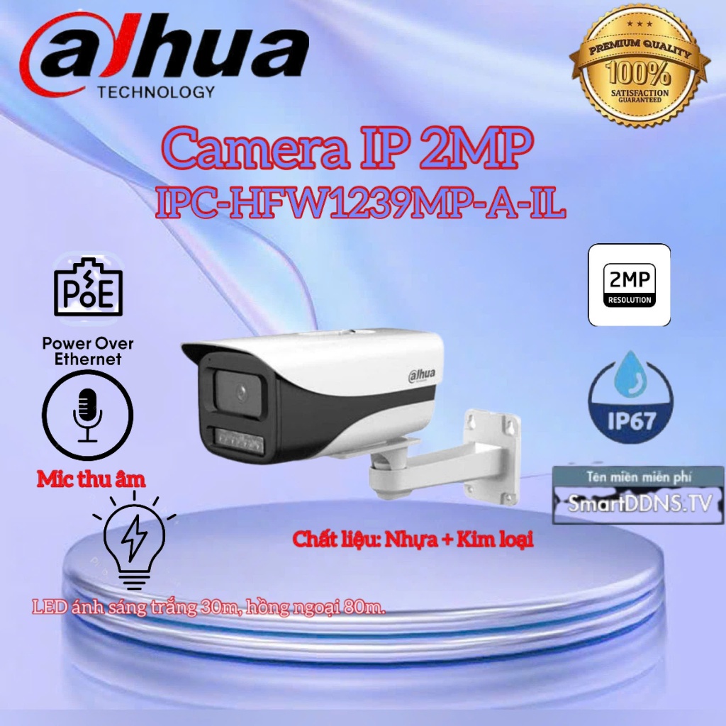 Camera IP 2MP DAHUA DH-IPC-HFW1239MP-A-IL-  Tích hợp mic- LED ánh sáng trắng 30m, hồng ngoại 80m.