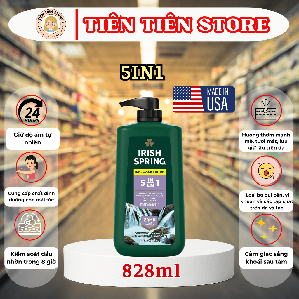 [ CHÍNH HÃNG MỸ ] Sữa Tắm Gội Cho Nam Irish Spring 5 In 1 - 887ml