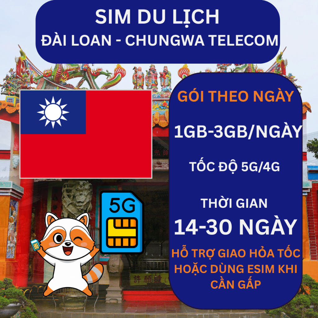 SIM du lịch Đài Loan 5G/4G, Chunghwa Telecom, gói dài ngày 14 - 30 ngày