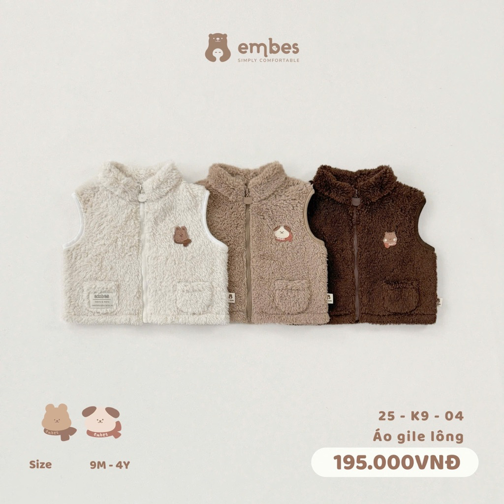 Gile lông thêu gấu Embes 25-K9-04 cho bé trai bé gái. Áo khoác gile lông dày ấm cho bé BEO.Kids