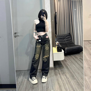  Quần ống suông nữ MELINA quần jean rách gối thêu chữ CL đen ánh rêu xanh nhạt size S M L 1379 