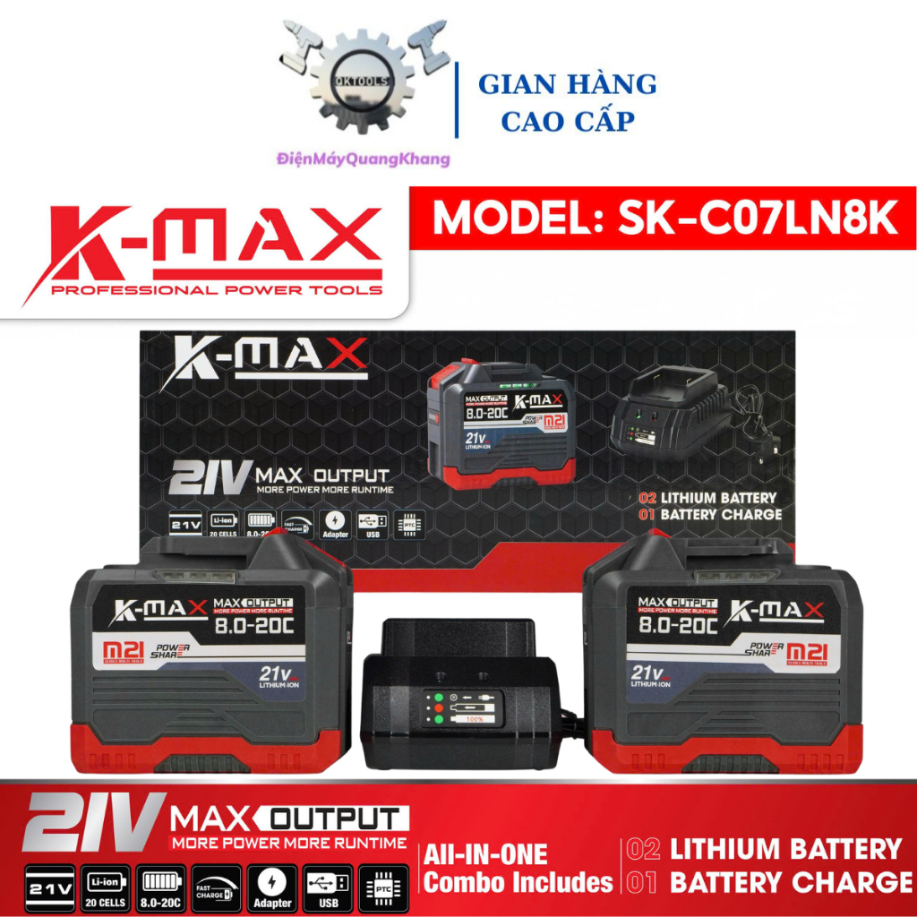 COMBO 2 Pin 20cell K-Max SK-C07LN8K , Mạch 3Mosfet Kèm Sạc nhanh , Dung Lượng Cao , Chân Pin Phổ Thô