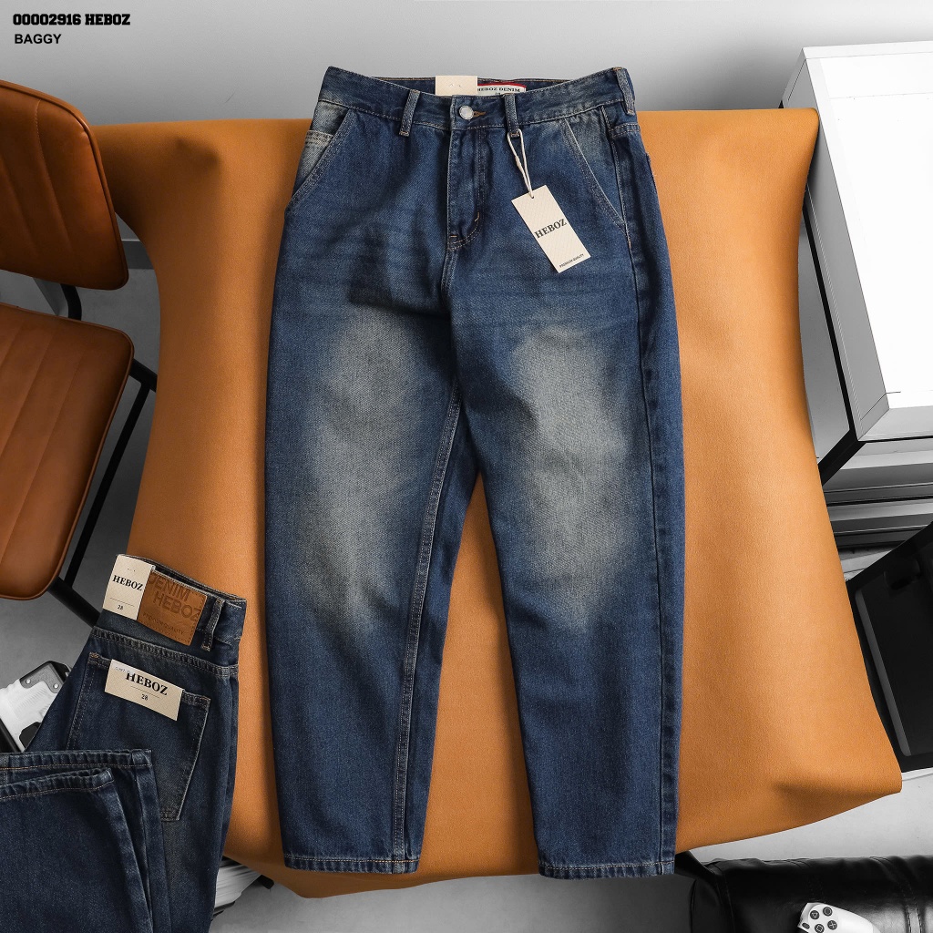 Quần jean nam Heboz dáng baggy D070, quần dài denim ống rộng basic - 00002916