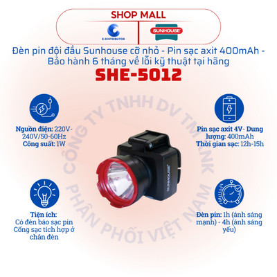 [HỎA TỐC] Đèn pin đội đầu cỡ nhỏ Sunhouse SHE-5012 - Dung lượng pin 400mAh - Hàng chính hãng