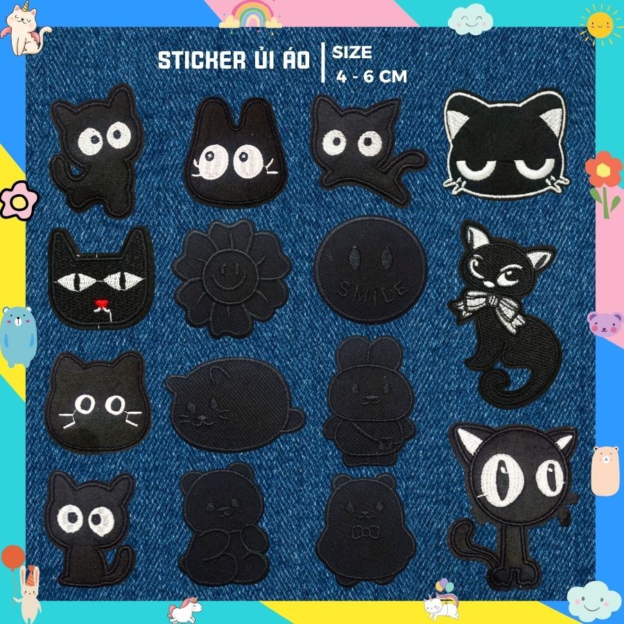 Miếng vá thêu áo rách màu đen, sticker thêu vải, patch ủi Hình Mèo Thỏ Gấu Dễ Thương Black BOO STORE