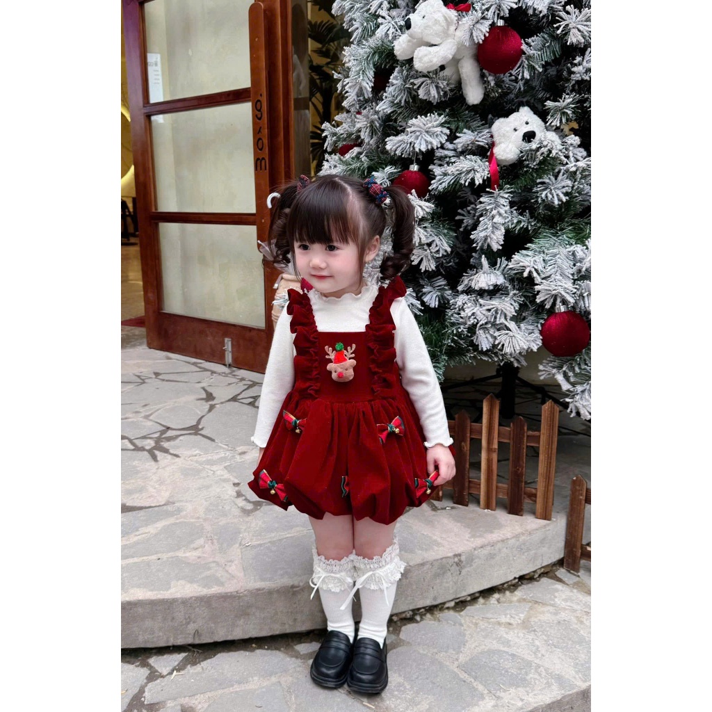 Set váy 2 chi tiết gồm váy nhung và áo giữ nhiệt cho bé gái mặc Noel, Tết