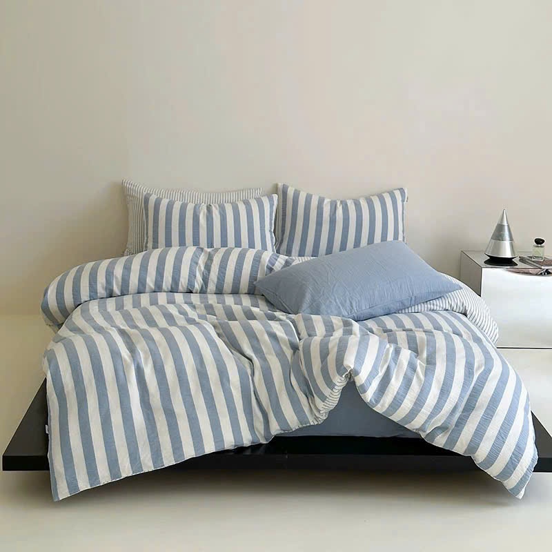 (Hàng nhập)Set chăn hè Cotton Tc kẻ 4 món gồm 1 ga, 2 vỏ gối đầu,1 chăn hè mẫu mã đa dạng tối giản v