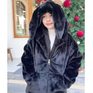  Áo khoác lông thỏ có mũ TAI THỎ dày dặn rộng thụng siêu xinh hàng QC loại 1 
