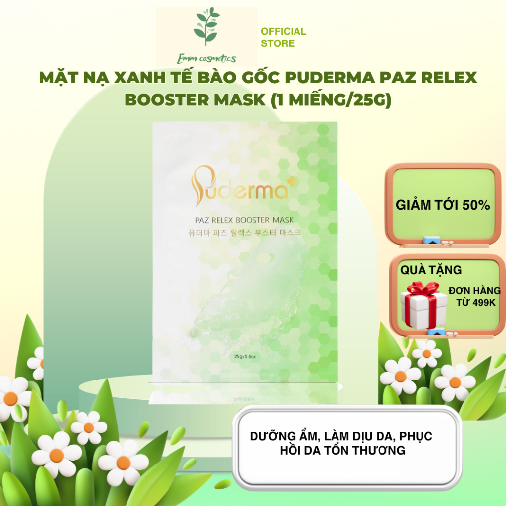 Mặt nạ xanh tế bào gốc PUDERMA PAZ RELEX BOOSTER MASK (1 miếng×25g) dành cho da nhạy cảm, da yếu, da