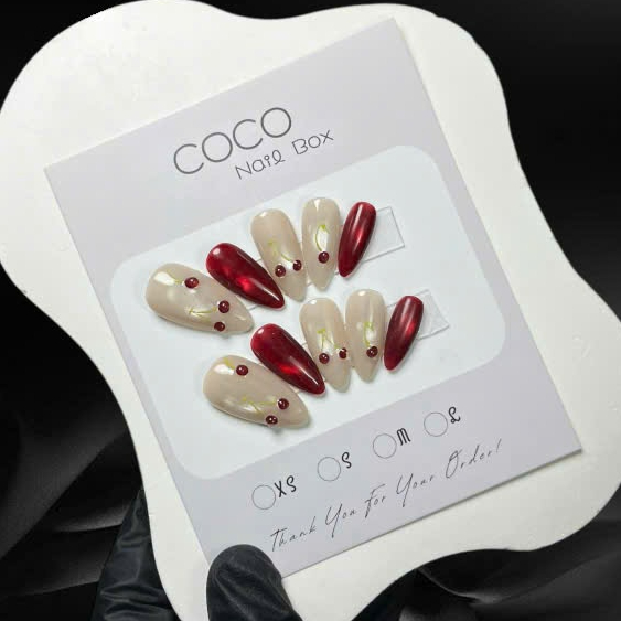 Móng úp tay, Nailbox thiết kế C065 mắt mèo vẽ cherry nổi Coco Nailbox