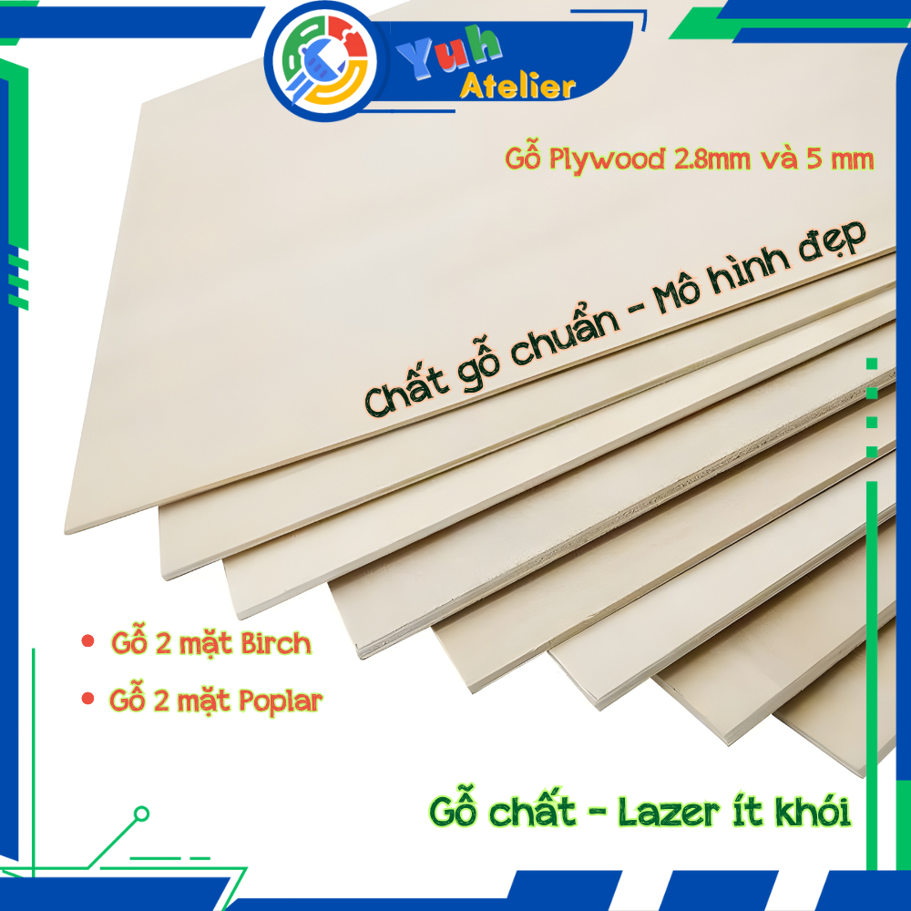 Combo 5 tấm gỗ Plywood khổ 30x40cm dày 3mm và 5mm mặt Birch và Poplar, gỗ làm mô hình