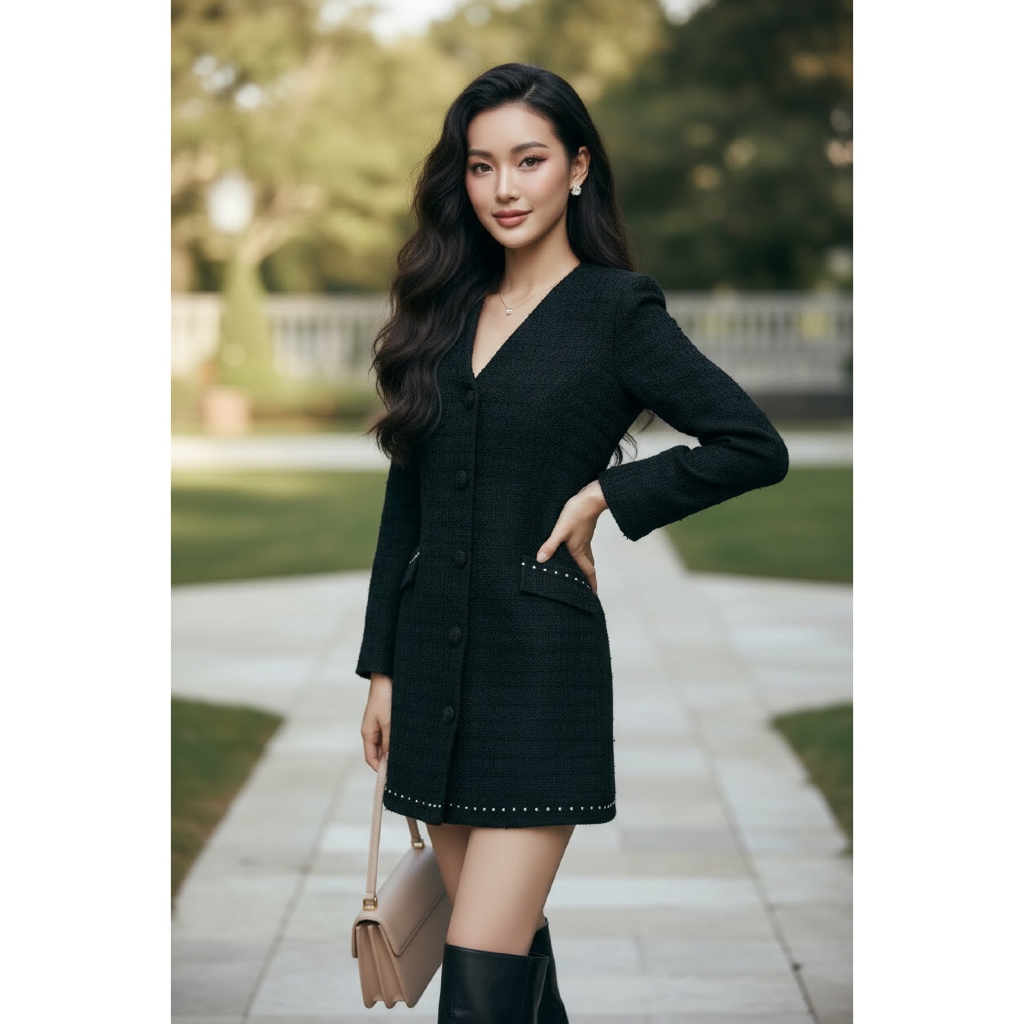 (Size XS) ZARA Đức - Đầm dạ suông dáng blazer cổ V tay dài  tweed màu đen=sale auth new tag cao cấp 