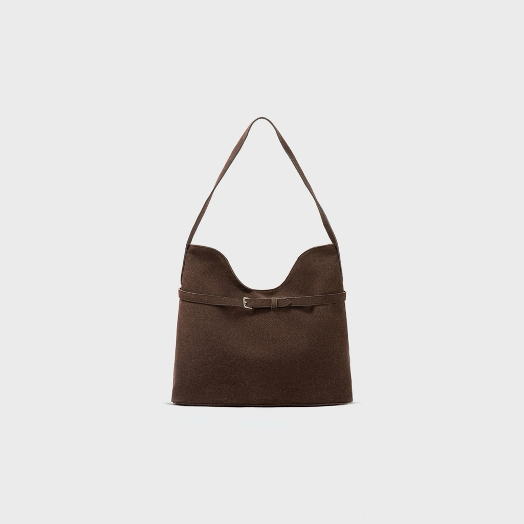 GIAN SAIGON – Túi Da Lộn Khóa Đai – Belted Suede & Vegan Leather Tote – Màu Nâu