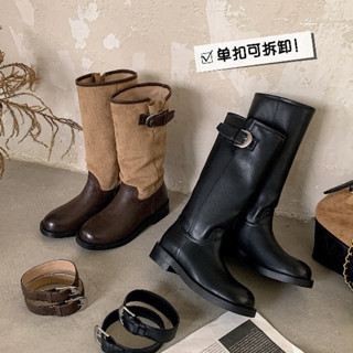  Giày boot nữ hiệp sĩ ống dài bốt đùi nữ miệng tròn cao bồi đế thấp 3cm phong cách cổ điển Eudora899 A1810 