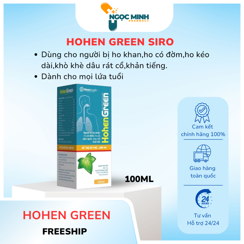 SIRO HO HOHEN GREEN GIÚP GIẢM HO KHAN HO ĐỜM KHÀN TIẾNG ĐAU RÁT HỌNG - CHAI 100ML