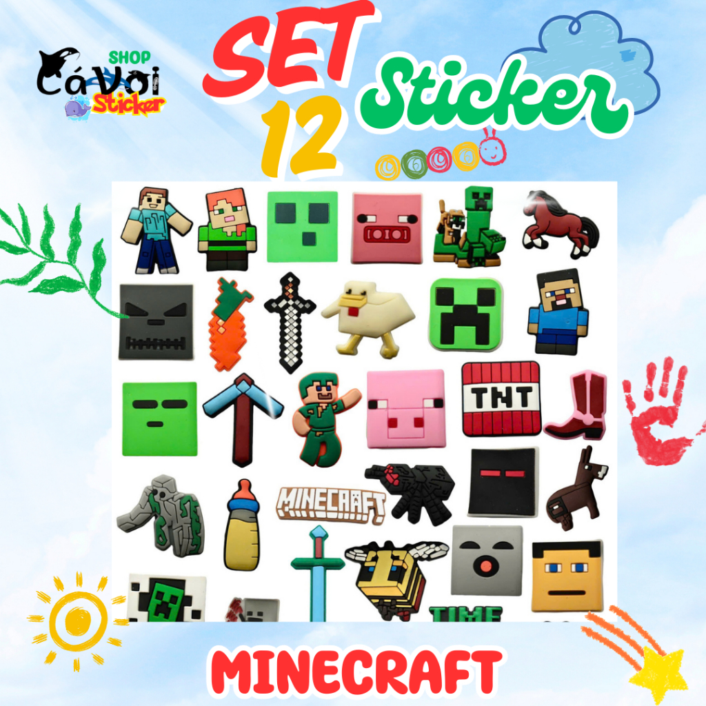 Set 12 Sticker/ Charm dẻo gắn dép Minecraft vui nhộn