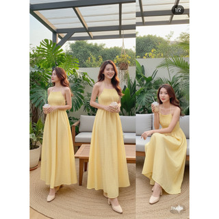 [HỎA TỐC HCM] [Ảnh thật] Đầm caro midi nhún thun cổ yếm trẻ trung xinh xắn