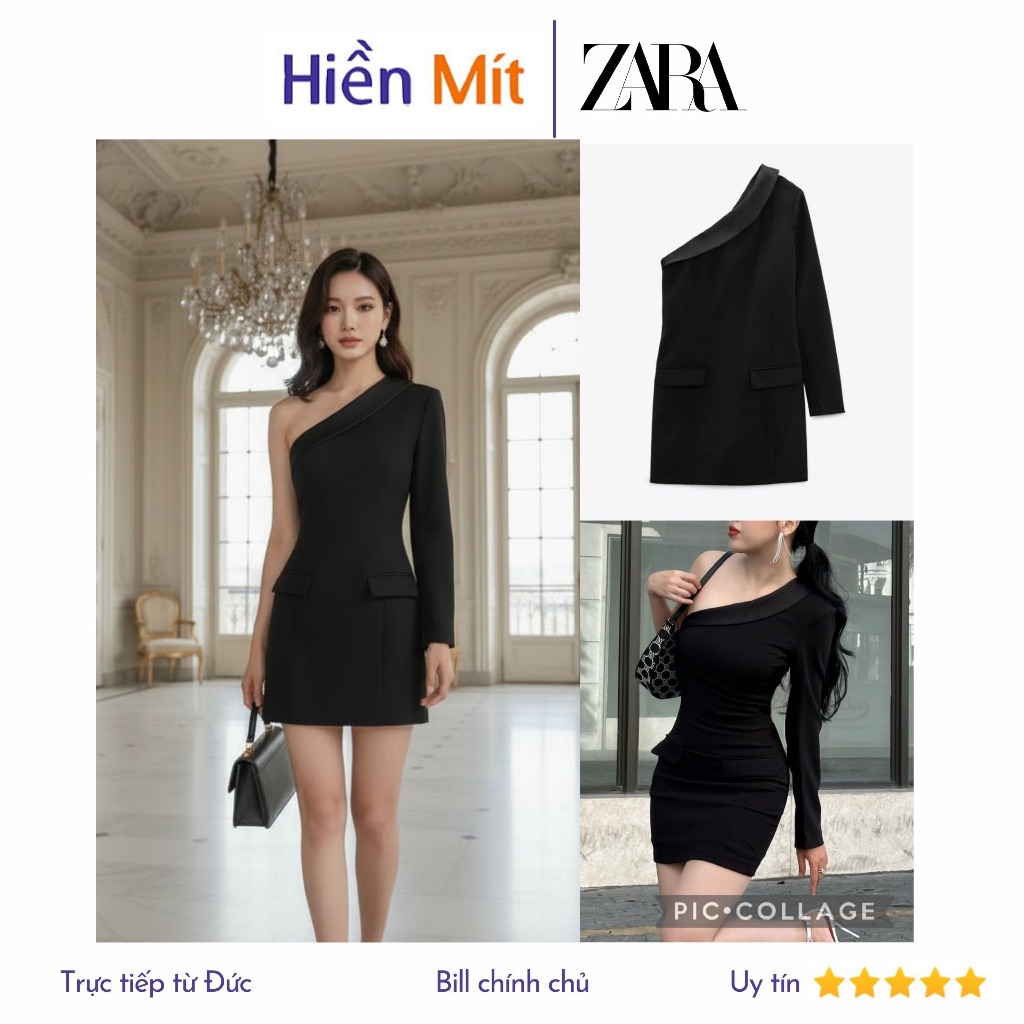 (Size XS, S, M) ZARA Đức - Đầm body ngắn lệch vai một tay dài vest blazer dự tiệc màu đen sale auth 