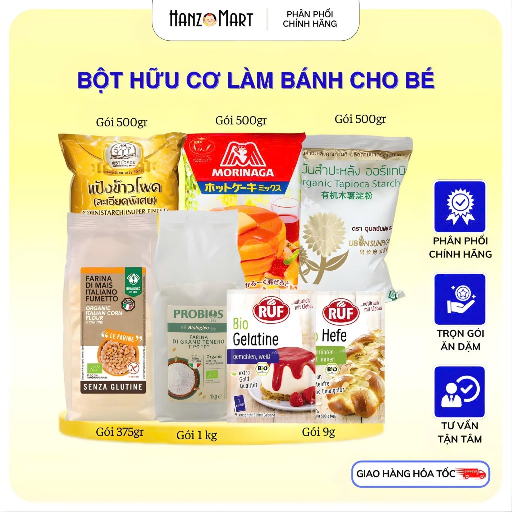 Bột hữu cơ làm bánh cho bé / Bột nở, men nở,Gelatin,bột mì, bột bắp, bột năng, bột pancake Ruf Hanzo