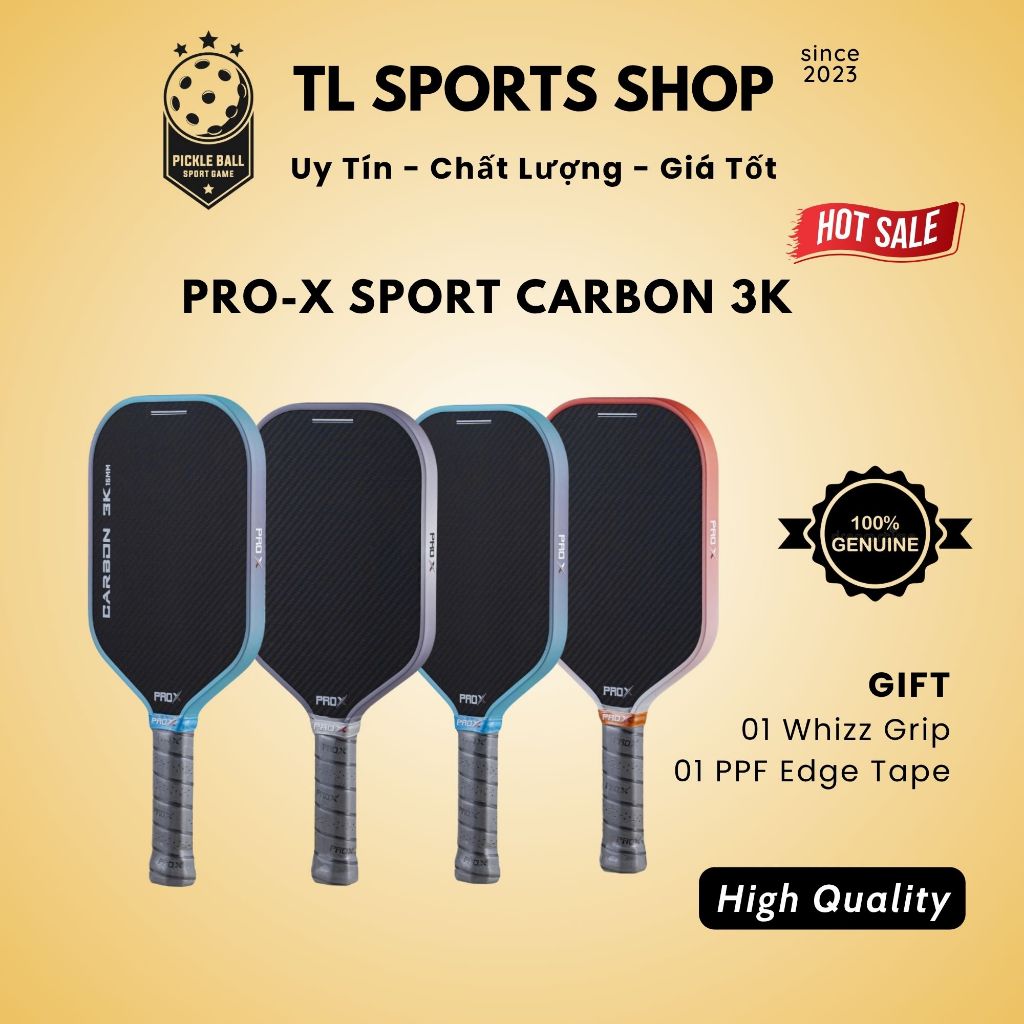 Vợt Pickleball Chính Hãng PRO-X SPORT Carbon 3K, Siêu Bền, Siêu Nhám, Dễ Chơi, Lõi Tổ Ong PP Carbon