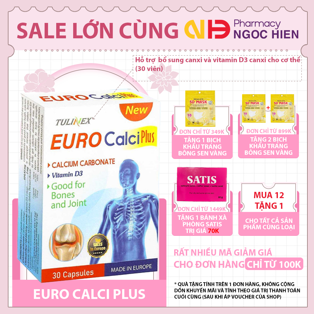 EURO CALCI PLUS - Viên uống Bổ sung canxi và vitamin D3 canxi cho cơ thể (Hộp 30 viên)