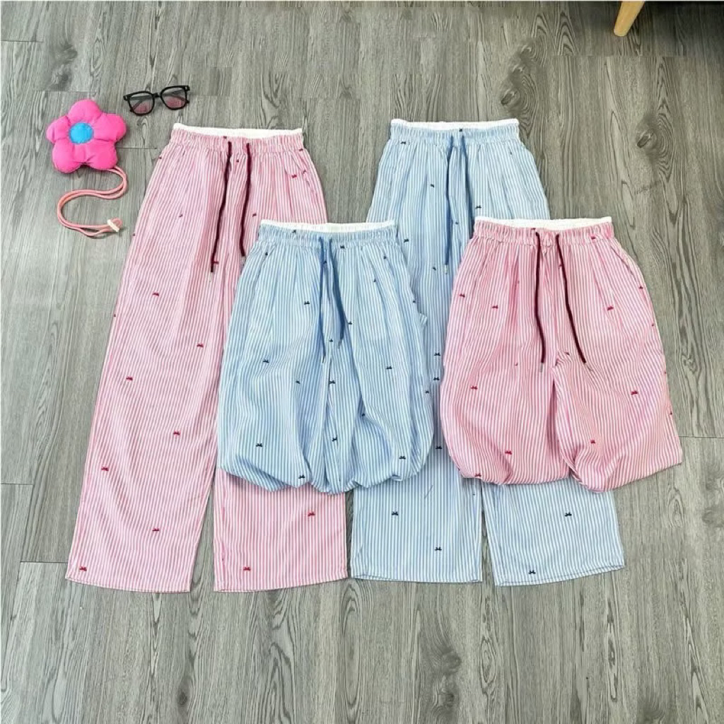 Quần suông ống rộng kẻ sọc phối hoạ tiết nơ nhí chất vải đũi lạnh tôn dáng | BigBuy360 - bigbuy360.vn