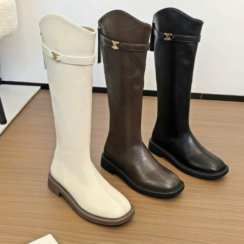 Bốt đùi nữ da lì loại 1 đế bệt khuy ngang cách điệu khóa sau, Bốt nữ Boot nữ dưới gối da lì cao cấp thời trang du lịch