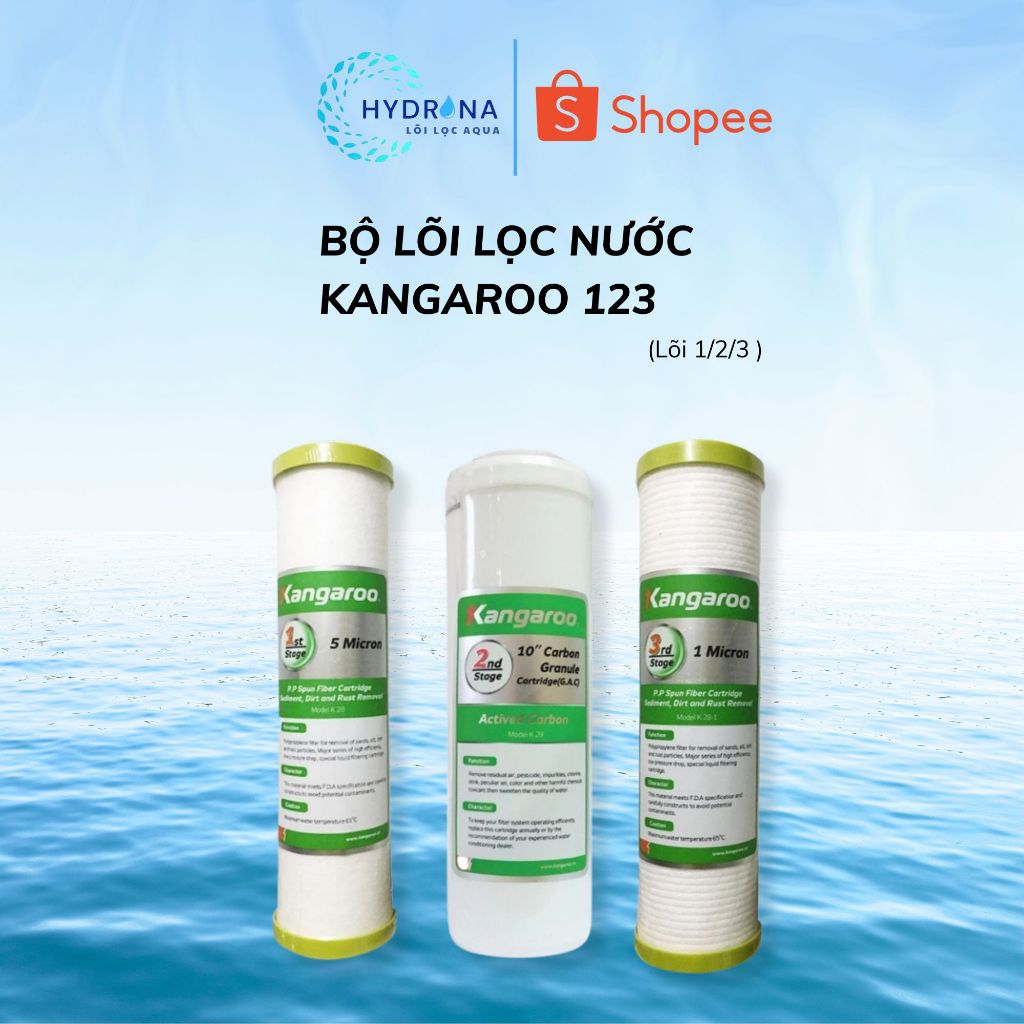 Bộ lõi lọc nước Kangaroo số 123,  lõi số 1 PP 5 Micron –  lõi số 2 than hoạt tính – lõi số 3 PP 1 Mi