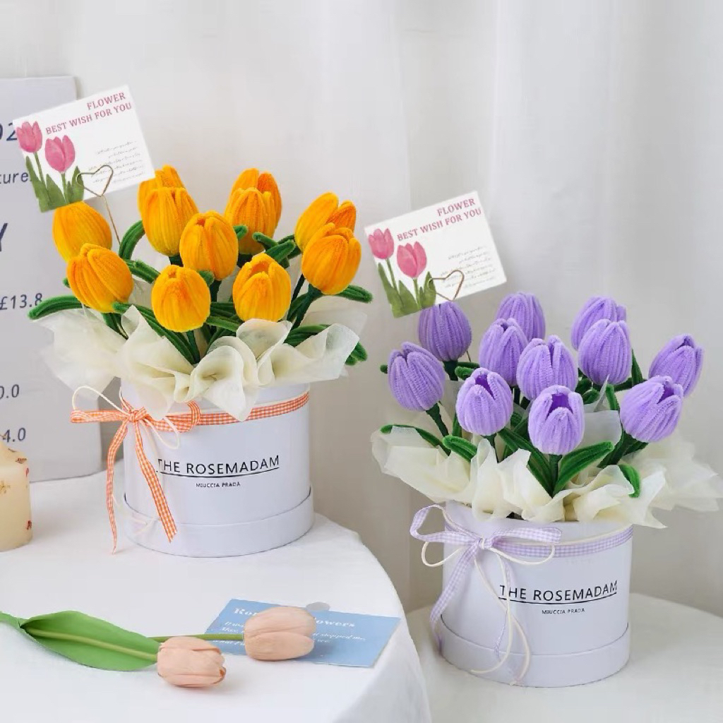 Chậu hoa tulip 11 bông làm từ kẽm nhung, Chậu hoa tulip 11 bông quà tặng nhân dịp lễ phụ kiện chụp ả