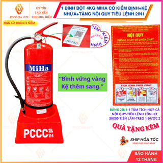  {Có Kiểm Định}Combo 1 bình chữa cháy bột 4kg MIHA có kiểm định kèm kệ đơn và tặng NQTL 2IN1 