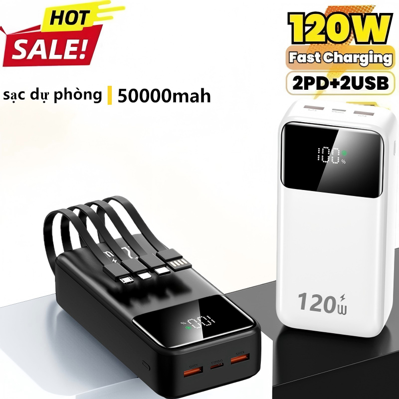 (Tặng Cáp Sạc Nhanh)sạc dự phòng pin 50000mAh 80000mAh sạc nhanh pin 120W dung lượng lớn có sẵn nhiề