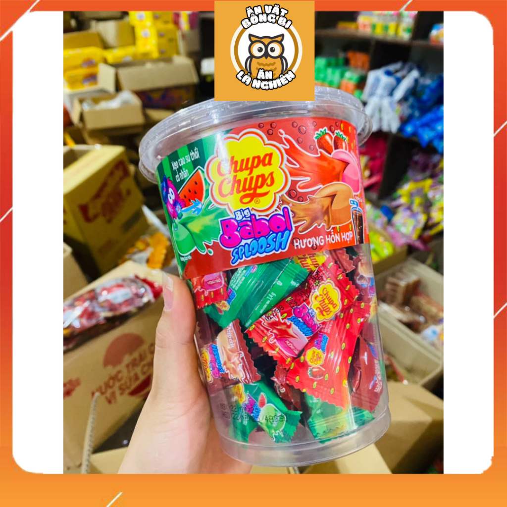 Kẹo cao su gum thổi có nhân Chupa Chups Big Babol Sploosh (Hũ 74 viên) hương dưa hấu, dâu, cola