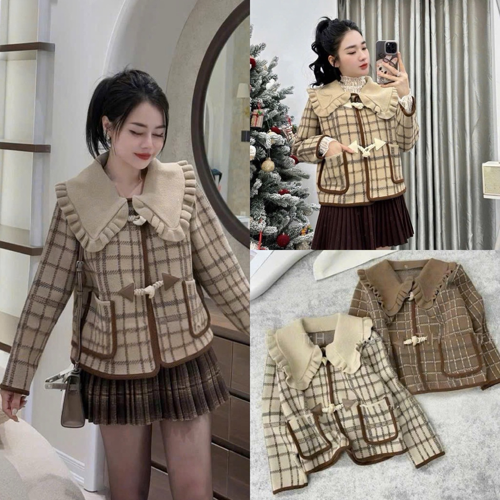 ( Hàng Qc có sẵn ) Áo Khoác Dạ Kẻ 2 Túi Cổ Bèo 2 Màu Khuy Thừng Cài -Halinh Shop