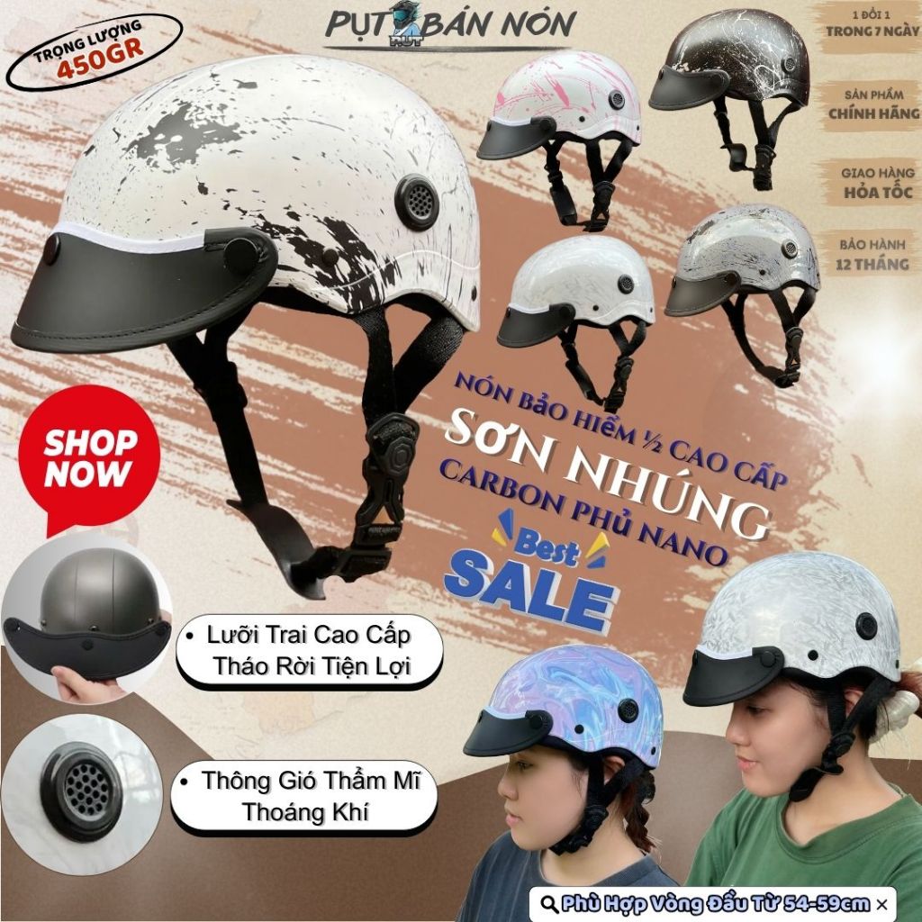 Mũ Nón Bảo Hiểm Nửa Đầu Dành Cho Nam Và Nữ 1/2 NHÚNG SƠN Hoạ Tiết CARBON PHỦ NANO Carbon Không Ngã Màu Cao Cấp Helmet.