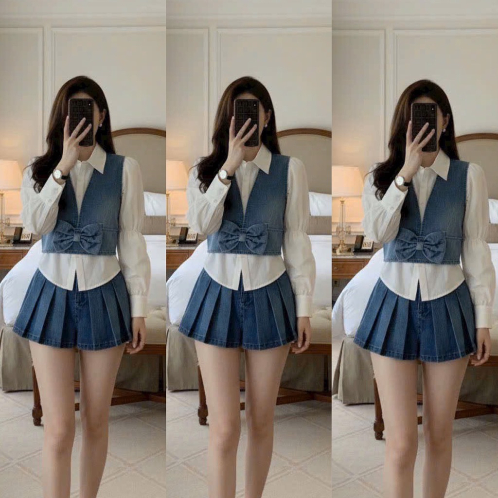 MH11- sét váy jean cao cấp, jean gilê đính nơ phối somi trắng mix váy jean xòe xếp ly (38-56kg)