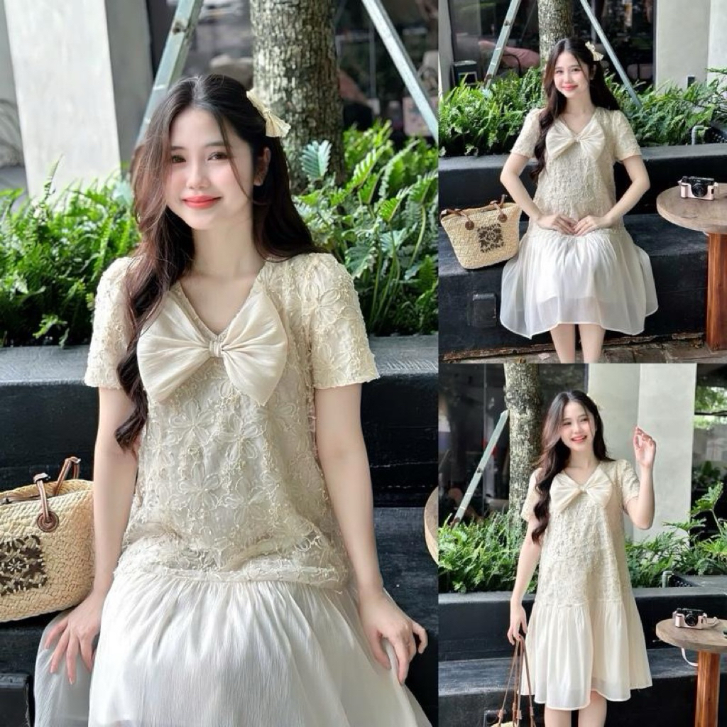 EVERMOM l Đầm bầu Mera hoa thêu đính nơ lớn cổ V sang chảnh cho mẹ mang dự tiệc đi làm form đuôi cá 