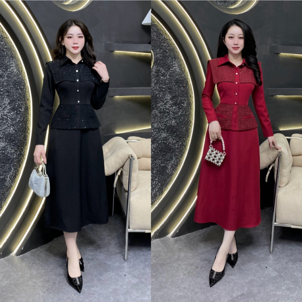 G147 - Váy Thiết Kế Evii dành cho nữ, Đầm thiết kế cổ đức phối dạ, Peplum liền thân dáng A dài