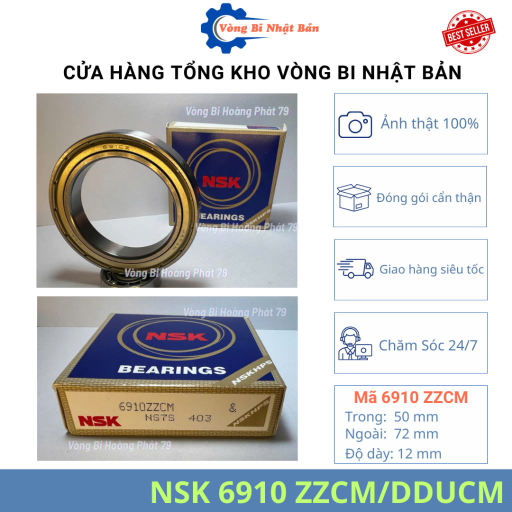 | 5 VIÊN | Vòng bi, bạc đạn NSK 6910 ZZCM nắp sắt, DDUCM nắp nhựa kích thước 50x72x12mm, tốc độ cao