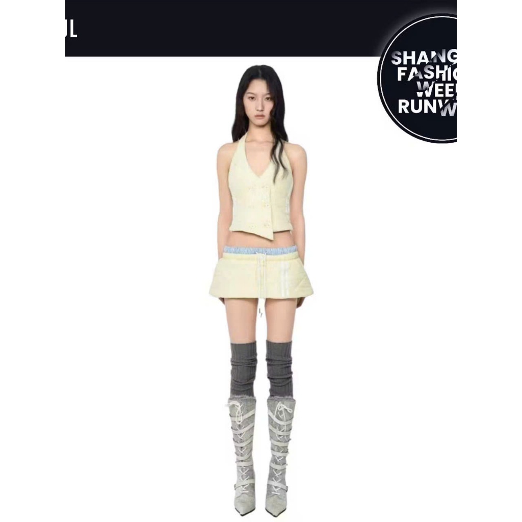 LSOUL Set Áo Yếm Cutout Nút Cài Cá Tính + Chân Váy Miniskirt Cạp Chun Phối Sọc Hebe