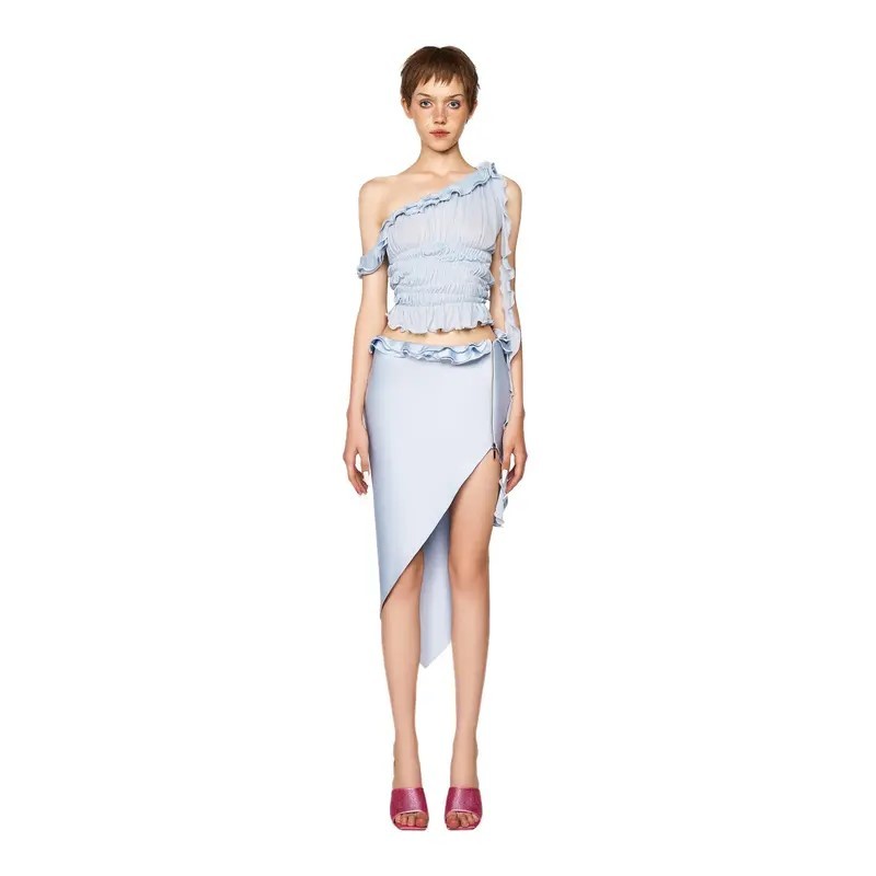 Rainy Skirt & Dyna Top Váy lụa Satin Vạt Xéo Áo Lệch Vai Tua Rua Nữ Tính