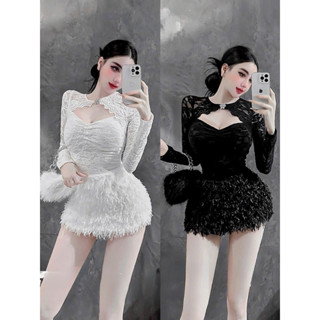  Set áo ren dài tay hở ngực mix chân váy lông ôm dáng tiểu thư kèm tag đá 