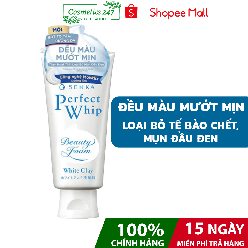 Sữa rửa mặt Senka Perfect White Clay 120g tẩy tế bào chết dưỡng trắng sáng ẩm mịn đều màu da