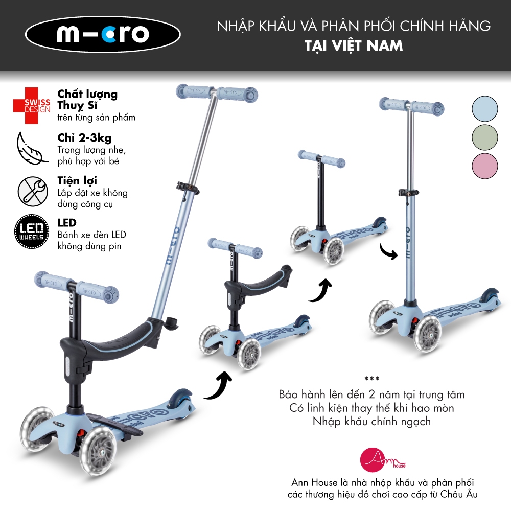 Xe scooter Micro Mini2Grow 4in1 2.0 cho bé từ 1-6 tuổi có tay đẩy - Phân phối chính hãng Ann House