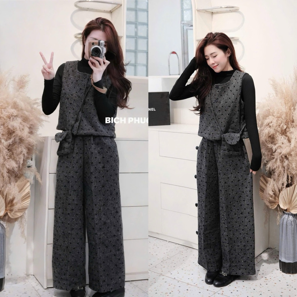 [S2.4226] Set Dạ Ép Qc 4 Món Dày Dặn Áo Len Cổ Lọ Mix Gile Dạ +Quần Suông Ống Rộng + Túi Đeo Chéo 3 Màu(cạp chun) | BigBuy360 - bigbuy360.vn