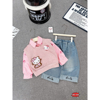  Set bộ gile hồng 3 chi tiết: áo gile len tăm+ áo sơ mi nơ hồng,kèm quần jean thêu xinh đẹp dành cho bé gái  8-30kg  