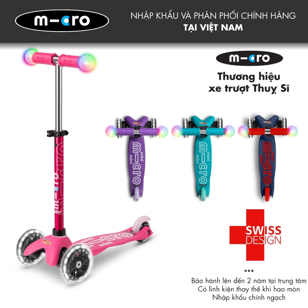 Xe scooter Micro Mini Deluxe Magic Aqua - Phiên bản tay lái + bánh xe đèn LED - Thương hiệu Thụy Sĩ